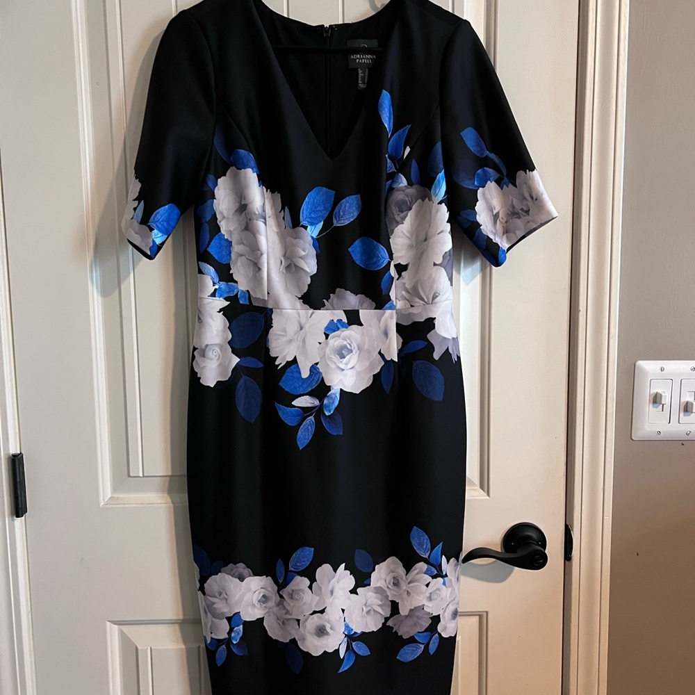 Adrianna Papell Blue and White Sheath Dress with Flutter Sleeves